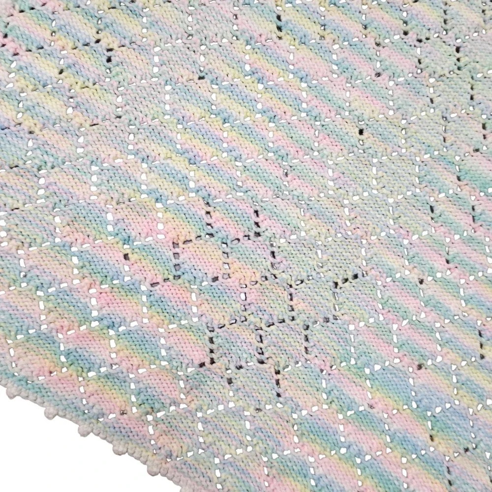 Vintage Handmade Pastel Rainbow Knit Baby Blanket‎ Crocheted Trim Unisex Grandma